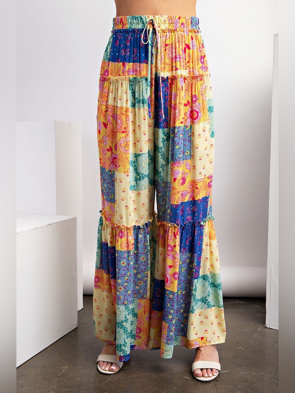 Easel Boho Patchwork Floral Tiered Wide Leg Palazzo Pants Lemon Blue Large